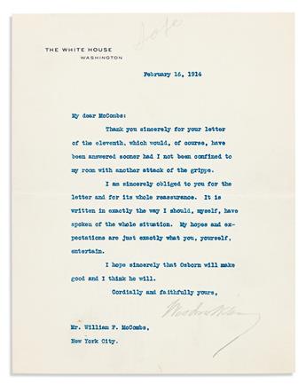 WILSON, WOODROW. Archive of 51 Typed Letters Signed, 43 as President, to Democratic National Committee Chairman William Frank McCombs,